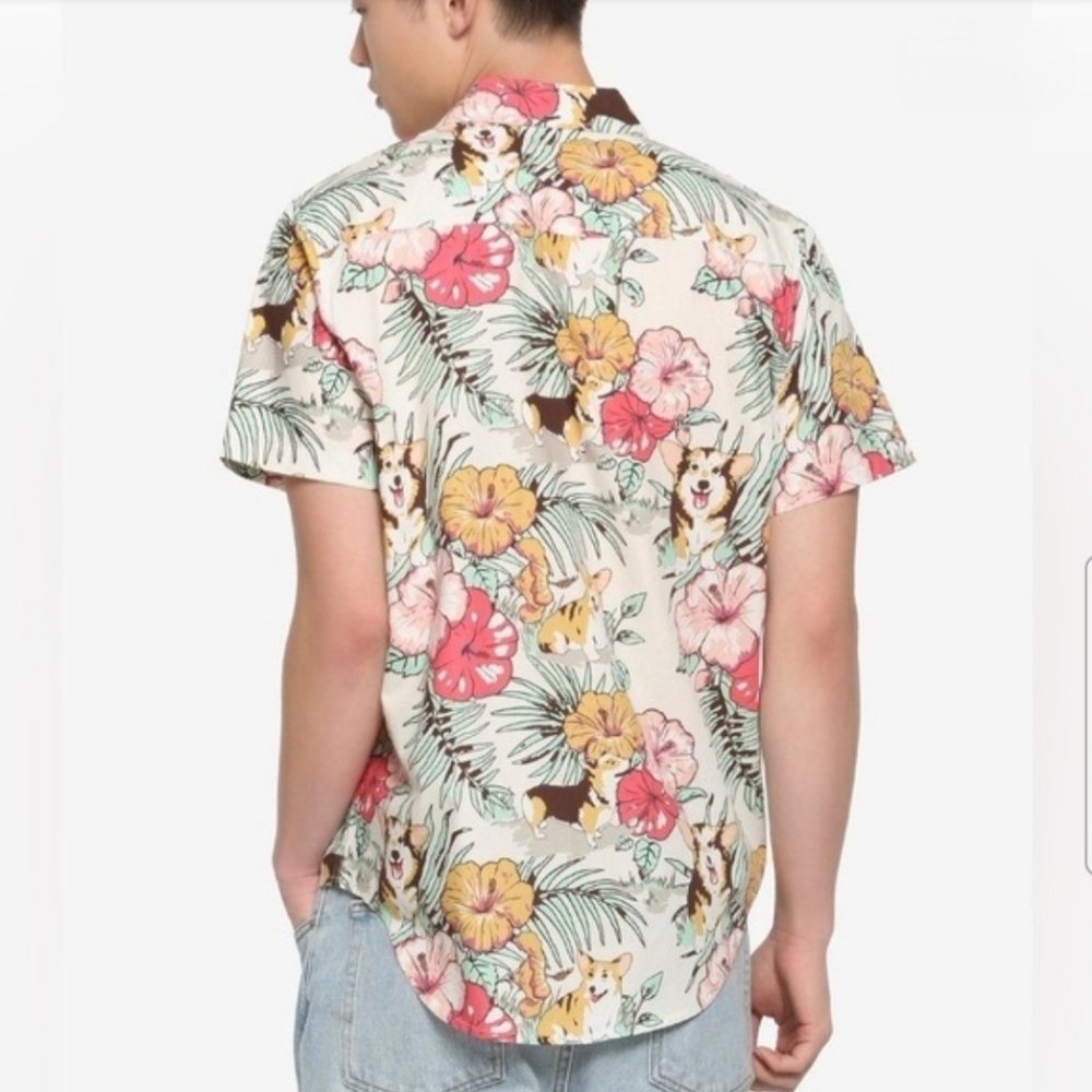 Hot Topic Men's Corgi Floral Shirt - Red, Orange, Green - Picture 2 of 9